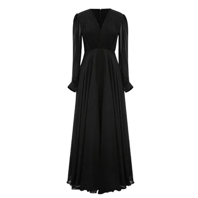 Alina Anwar Couture Women's Black Chiffon Gown With Ruched Detailing And Full-length Cuffed Sleeves