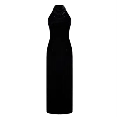 Alina Anwar Couture Women's High-neck Black Velvet Dress With Open Back