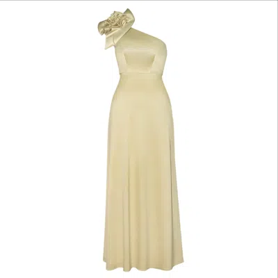 Alina Anwar Couture Women's One Shoulder Celestial Yellow Satin Gown With Flower Detailing.