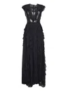 Alina Black Georgette Long Dress With Lace Inserts In Black