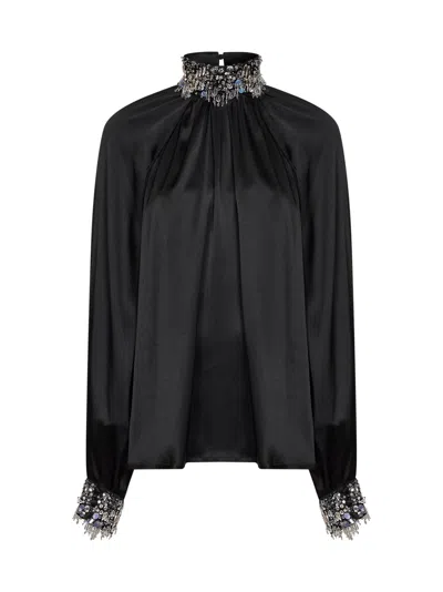 Alina Black Silk-blend Satin Gathered Blouse With Embroidery
