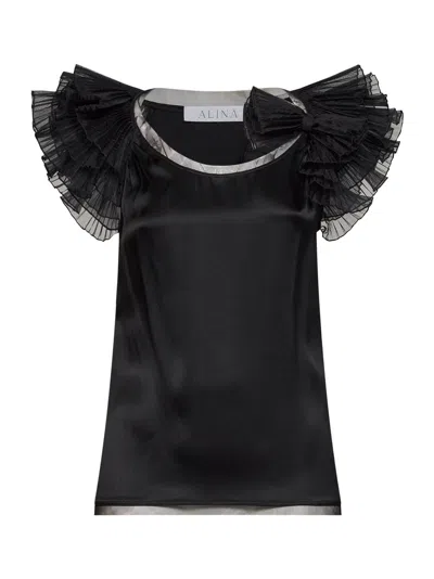 Alina Black Silk-blend Satin Top With Pleated Sleeves And Bow