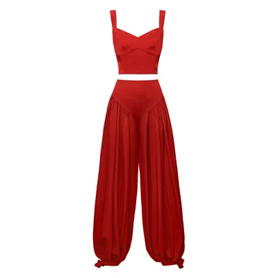Alina Cernatescu Amani Red Viscose Set With Corset Top And Balloon Style Pants