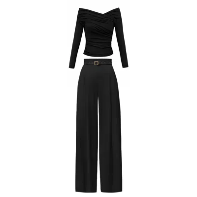 Alina Cernatescu Anuska Set Classic Black  Two Piece Office & Cocktail Set With Draped Wool Blouse & Belted Trousers In Animal Print
