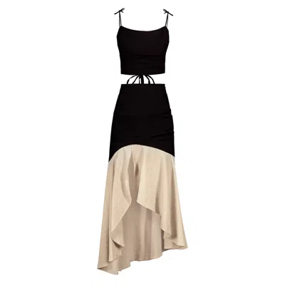 Alina Cernatescu Black / Neutrals Merzouga Black & Beige Holiday Cocktail Corset Top & Midi Skirt Set