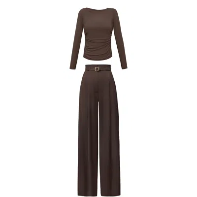 Alina Cernatescu Damaris Set Brown Fitted Draped Wool Blouse & Tailored Trousers Set With Included Fabric Belt
