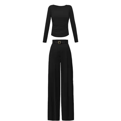 Alina Cernatescu Damaris Set Classic Black Fitted Draped Wool Blouse & Tailored Trousers Set With Included Fabric Bel