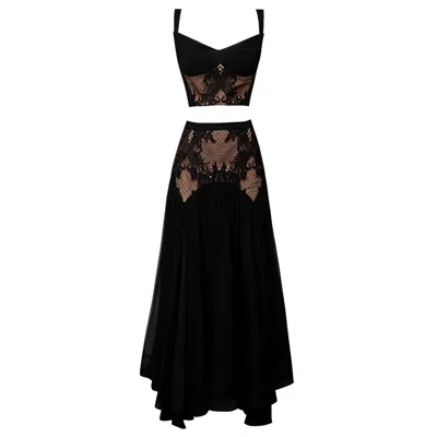 Alina Cernatescu Neutrals Davina Two-piece Black And Beige Silk Set With Eyelet-closure Corset Top In Multi