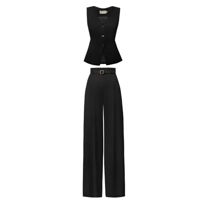 Alina Cernatescu Sanvi Set Classic Black Matching Vest With Metallic Buttons & Straight Leg Pleated Pocket Trousers