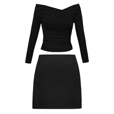 Alina Cernatescu Taisa Set Classic Black Long Sleeve Stretch Draped Wool Blouse & A-line Mini Skirt Set