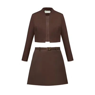 Alina Cernatescu Vanya Set Brown  Two Piece Office & Cocktail Set With Cropped Relaxed Blazer & Mini Skirt