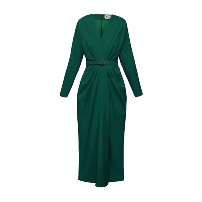 Alina Cernatescu Women's Amaris Green Cocktail Draped Midi Dress With Textile Belt
