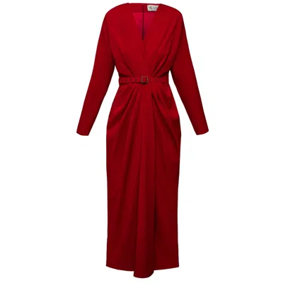 Alina Cernatescu Women's Amaris Red Cocktail Draped Midi Dress With Textile Belt