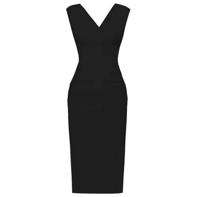 Alina Cernatescu Women's Anara Black Draped Lyocell V-neck Midi Bodycon Office & Cocktail Dress