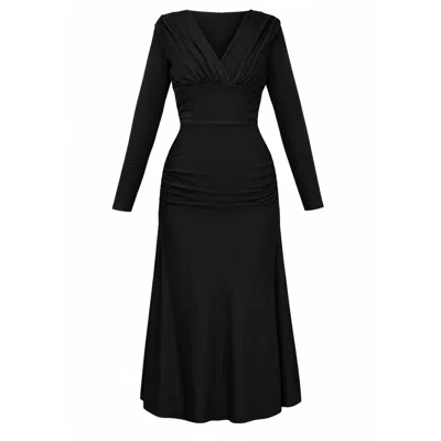 Alina Cernatescu Women's Bacardi Classic Black Draped Midi Dress With Long Sleeves