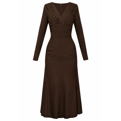 Alina Cernatescu Women's Bacardi Dark Brown Draped Midi Dress With Long Sleeves