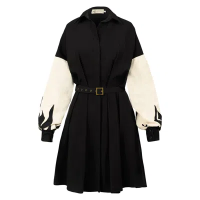 Alina Cernatescu Women's Black / Neutrals Avril Cotton Mini Black Daywear Office Dress With Embroidered Sleeves
