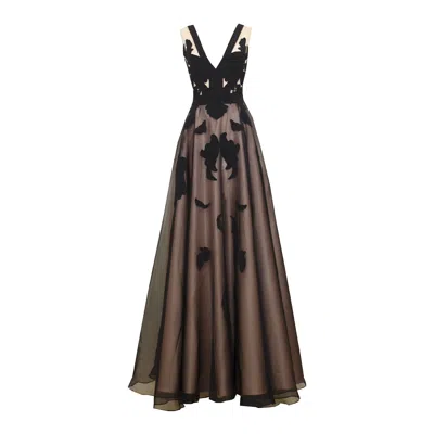 Alina Cernatescu Women's Black / Neutrals Tale  Beige And Black Silk Midi  Dress Handcrafted Embroidery For Eveningwe