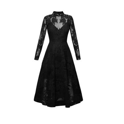 Alina Cernatescu Women's Black Tulua Cocktail Midi Lace Dress With Long Sleeves
