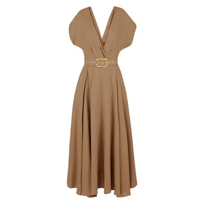 Alina Cernatescu Women's Brown / Neutrals Ischia Beige Linen  Office & Cocktail Midi Dress