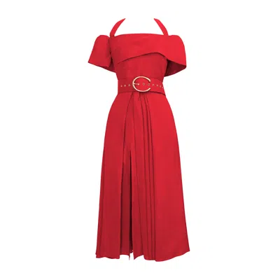 Alina Cernatescu Women's Chimera Red Cocktail Linen Off Shoulder Midi Dress