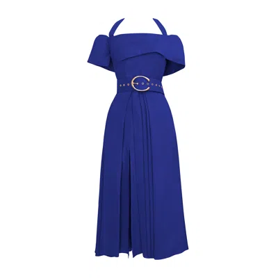 Alina Cernatescu Women's Chimera Royal  Blue Cocktail Linen Off Shoulder Midi Dress