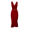 Alina Cernatescu Women's Fame Dark  Red  Midi Dress With Textile Belt And V-neck In Red