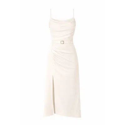 Alina Cernatescu Women's Hecate White Lyocell Midi Dress With Drapings And Matching Belt