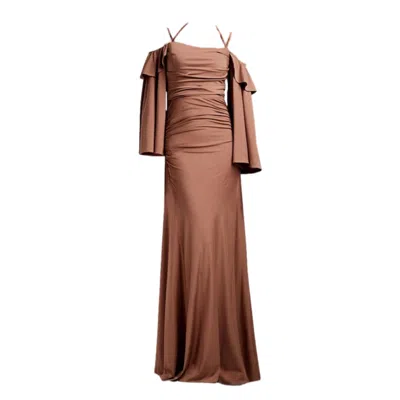 Alina Cernatescu Women's Lyric Brown Long Off Shoulder Neckline Evening  Dress