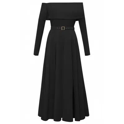 Alina Cernatescu Women's Melira Classic Black Midi Off The Shoulder Flared Dress With Leg Slit