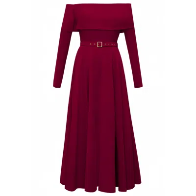 Alina Cernatescu Women's Melira Dark Red Midi Off The Shoulder Flared Dress With Leg Slit