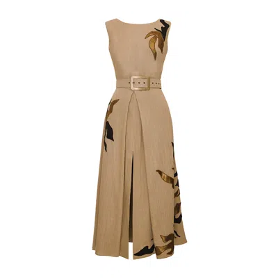 Alina Cernatescu Women's Neutrals Argus Embroided Dark Beige Linen Dress