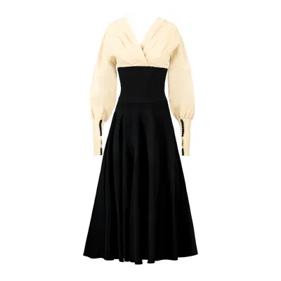 Alina Cernatescu Women's Neutrals / Black Signora Black & Beige Midi Cotton Corset Dress With Button-up Cuffs