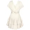 Alina Cernatescu Women's Neutrals Oasis Beige Linen Bamboo Holiday & Cocktail Ruffle Midi Dress With Textile Belt In Sand