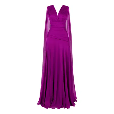 Alina Cernatescu Women's Nymph Purple Natural Silk Veil Maxi Dress With V Neckline And Draping