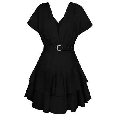Alina Cernatescu Women's Oasis Black Linen Bamboo Holiday And  Cocktail Ruffle Midi Dress With  Textile Belt