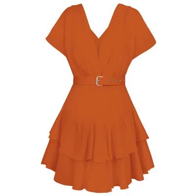 Alina Cernatescu Women's Oasis Orange  Linen Bamboo Holiday And  Cocktail Midi Dress With  Textile Belt