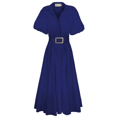 Alina Cernatescu Women's Oman Blue Midi Office Shirt Cotton Day With Puff Sleeves Dress