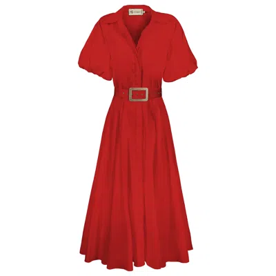 Alina Cernatescu Women's Oman Red Midi Office Cotton Day With Shirt Puff Sleeves Dress
