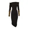 Alina Cernatescu Women's Orsini Black Midi Dress With Long Sleeves Adorned With Details And Bare Shoulders In Black