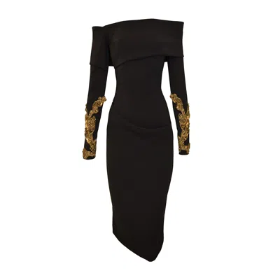 Alina Cernatescu Women's Orsini Black Midi Dress With Long Sleeves Adorned With Details And Bare Shoulders