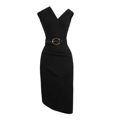 Alina Cernatescu Women's Razz Black Midi Cocktail Dress Wth V-neckline And Waist Belt