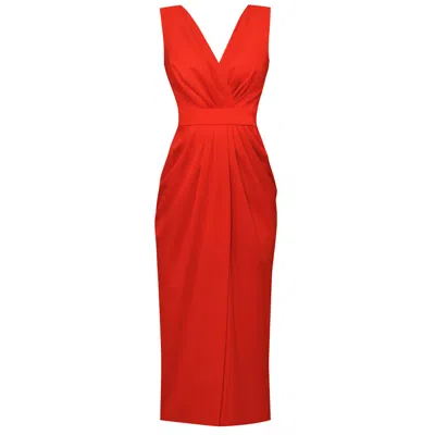Alina Cernatescu Women's Red / Orange Alaya Coral Red Midi Drapped Cocktail Dress In Multi