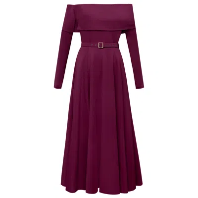 Alina Cernatescu Women's Red / Purple Melira Burgundy Midi Off The Shoulder Flared Dress With Leg Slit In Multi