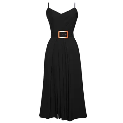 Alina Cernatescu Women's Simba Classic Black Linen Draped Cocktail Midi Dress With Front Slit And Pockets