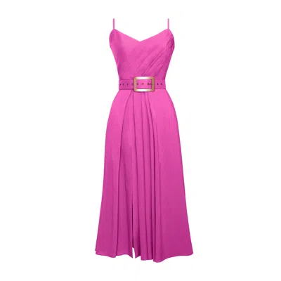 Alina Cernatescu Women's Simba Pink Linen Draped Cocktail Midi Dress With Front Slit And Pockets