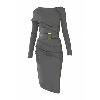 Alina Cernatescu Women's Slide Ash Grey Midi Cocktail Dress With Asymmetric Skirt And Textile Belt In Gray