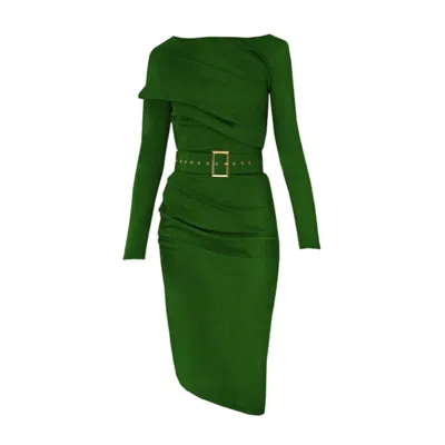 Alina Cernatescu Women's Slide  Green Midi Cocktail Dress With Asymmetric Skirt And Textile Belt