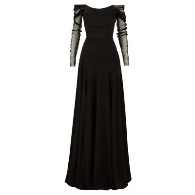 Alina Cernatescu Women's Tundra Silk Long Drapped Classic Black With Silk Tulle Long Sleeves Dress