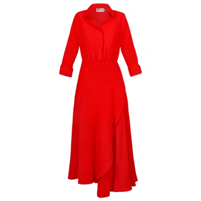 Alina Cernatescu Women's Yemen Red Midi Shirt-style Viscose Dress With Asymmetric Skirt And Long Sleeves Yemen